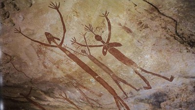 Ancient Aboriginal drawings of mythical quinkins/yowies. Laura, Australia. (Public Domain)